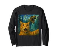 Funny Cat Selfie T-rex Dinosaur The Starry Night Cats Lover Long Sleeve T-Shirt