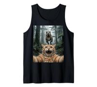 Funny Cat Selfie T Rex UFO Forest Encounter Tank Top