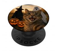 Funny Cat Selfie with a Witch & Ghost Scary Halloween PopSockets Adhesive PopGrip