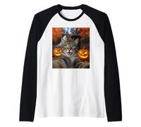 Funny Cat Selfie with a Witch & Ghost Scary Halloween Raglan Baseball Tee