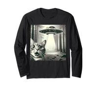 Funny Cat Selfie With Alien UFO Graphic Men Women Kids Long Sleeve T-Shirt