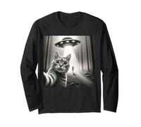 Funny Cat Selfie With Alien UFO Graphic Men Women Kids Long Sleeve T-Shirt