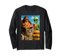 Funny Cat Selfie with Bigfoot, Alien Eating Pizza & Burgers Long Sleeve T-Shirt
