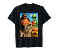 Funny Cat Selfie with Bigfoot, Alien Eating Pizza & Burgers T-Shirt