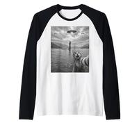 Funny Cat Selfie with Loch Ness Monster and UFOs Raglan Baseball Tee