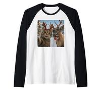 Funny Cat Selfie with Reindeer Christmas Holiday Meme Raglan Baseball Tee