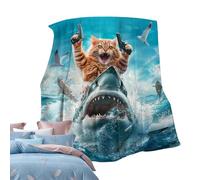 Funny Cat Shark Blanket - Cat Riding Shark Blankeet | Cats Riding on Sea Ultra Soft Throw Blankeet | Ultra Soft Throw Blanket | Home Decor for Sofa Couch Chair, Large Bed Blankets for Travel Pi