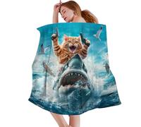 Funny Cat Shark Blanket - Plush Polyester Flannel, 150 x 200 cm, Oversized Bed Cover, Throw with Creative Animal Motif, Soft, Comfortable Duvet, Playful Decorative Bedding | For Living