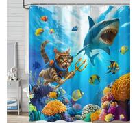 Funny Cat Shark Shower Curtain Ocean Tropical Fish Shower Curtains for Bathroom Kids Cute Fun Underwater World Coral Coastal Waterproof Fabric Bath Curtain Decor 72 X 72 Inches