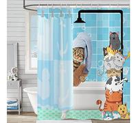 Funny Cat Shower Curtain 150x180, Hnmdmyi Cute Bathing Cat Cartoon Animal Kitten Kids Shower Curtains Shower Cap Blue Checked Decor Bathroom Curtains Waterproof Polyester Fabric Washable Bath Curtains