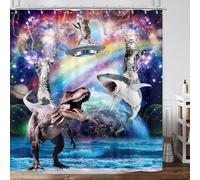 Funny Cat Shower Curtain, Cool Fun Cat Riding Dinosaur Shark on Fantasy Universe Galaxy Space UFO Kids Shower Curtain, Hilarious Whimsical Anime Fabric Shower Curtain Set, 72"X72"