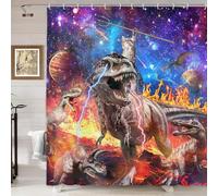 Funny Cat Shower Curtain, Cute Hilarious Cool Cat Riding Dinosaur on Fantasy Galaxy Space Shower Curtain, Outer Universe Anime Fabric Boys Girls Kids Shower Curtain for Bathroom with Hooks, 70X85IN