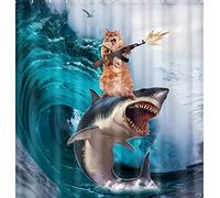 Funny Cat Shower Curtain for Kids Bathroom, Cool Cat Riding Whale Shark on The Great Ocean Waves Bathroom Decor with Hooks 72 X 72 Inch