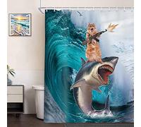Funny Cat Shower Curtain for Kids Bathroom, Cool Cat Riding Whale Shark on The Great Ocean Waves Polyester Fabric Shower Curtains, Nautical Blue Aqua Teal Seawater Bathroom Decor with Hooks, 72X72in