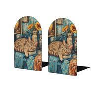Funny Cat Sleeping Vintage Aesthetic Bookends For Shelves 2 Pcs Wooden Book Stopper Organizer For Home Office Libraries