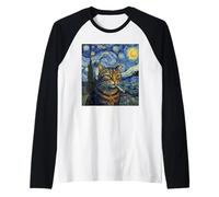 Funny Cat Smoking Cigarette Meme Van Gogh Art Starry Night Raglan Baseball Tee