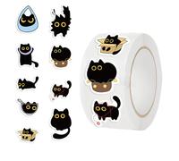 Funny Cat Stickers Roll, Cartoon Black Kitten Aesthetic Decals, Scrapbooking Design, 500 Sheets, Roll Adhesive Labels for Journals, Waterproof Paper Material for Laptop Water Bottle Decoration