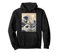 Funny Cat Surfing The Great Wave Japanese Ukiyo-e Art Pullover Hoodie