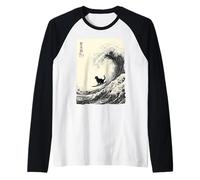 Funny Cat Surfing The Great Wave Japanese Ukiyo-e Art Raglan Baseball Tee