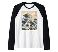 Funny Cat Surfing The Great Wave Japanese Ukiyo-e Art Raglan Baseball Tee