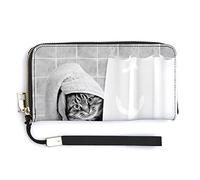 Funny Cat Taking a Bath Behind Shower Curtain Long Clutch Wallet, Long Handbag with Removable Wristlet Strap, PU Leather Zip Purse, Credit Pass Case Card-Holder for Men Women