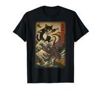 Funny Cat vs Octopus Kraken Edo Bay Ukiyo-e Manga Kanji Art T-Shirt