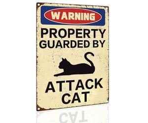 Funny Cat Warning Metal Sign - "Property Guarded by Attack Cat" Humorous Aluminum Plaque for Pet Lovers 8x12 Inch (2551)