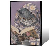 Funny Cat Wearing Glasses Reading A Book Canvas Wall Art Whimsical Animal Posters Cute Animal Wearing Purple Flowers Clothes Prints Painting For Home Apartment Wall Decor 16x24in Unframed