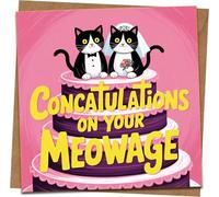 Funny Cat Wedding Card - “ConCATulations on Your Meowage” - 145mm Square Greeting Card with Kraft Envelope, Cute Bride & Groom Cats on Cake, Humorous Congrats for Newlyweds