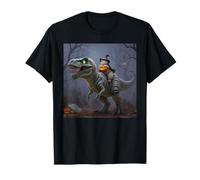 Funny Cat Witch Riding a T-Rex Cute Halloween Meme T-Shirt