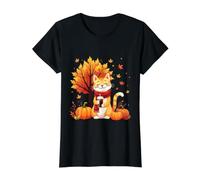 Funny Cat with Iced Coffee Under Fall Tree Cat Hello Autumn Value Graphic T-Shirt, Women, Black, XS