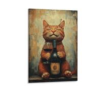 Funny Cat with Wine Wall Art Whimsicalange Tabby Holding Wine Bottle And Glass Vintage Style Cat Lover Decor Kitchen Dining Room Bar Humorous Animal Themed Poster Print Gift 20x30inch Frame