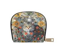 Funny Cats and Flowers Printed Leather Half Circle Card Wallet Zipper Card Case Holder, Compact Stylish for Men and Women