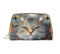 Funny Cats and Flowers Printed Makeup Bag for Women Portable Leather Make up Bag Travel Zipper Cosmetic Bags Organizer