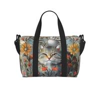 Funny Cats and Flowers Printed Travel Bag Duffle Bag for Men Women, Large Water Resistant Gym Bag Weekend Holdall Bag with Shoulder Strap