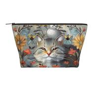 Funny Cats and Flowers Printed Travel Makeup Bag Trapeze Cosmetic Bag Makeup Case Toiletry Bag Organiser for Women