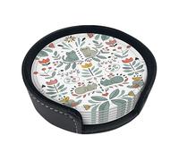 Funny Cats Birds And Flowers Coasters For Drinks, 6 Pcs Leather Coaster With Holder, Round Cup Mat Pad Set For Home And Kitchen 3.9 Inches