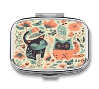 Funny Cats Birds and Flowers Pill Box Medicine Pill Organizer Small Pill Case Travel Pill Container Portable Pill Case for Pocket 2 Compartment Pill Holder Pill Boxes for Travel