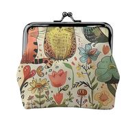 Funny Cats Birds and Flowers Print Coin Purse for Women Cute PU Leather Kiss-lock Change Purse Wallet, Black, One Size, Pattern