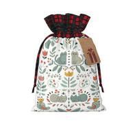 Funny Cats Birds And Flowers Printing Color Matching Plaid Christmas Bag With Drawstring,4.7x6.9 In For Christmas Halloween