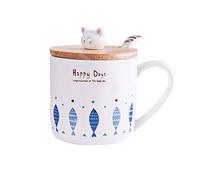 Funny Cats Ceramic Coffe Mug with Lid & Spoon-Cartoon Fish & Cat Water Mugs Cups for Iced Tea,Milk,Great Gift for Dad,Mon,Women,Kids