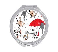Funny Cats Dogs Red Umbrella Raindrops Folding Make Up Mirror, Compact 2X/1X Magnification Mirror, Women Portable Travel Makeup Mirror 2.4 x 2.4 inch