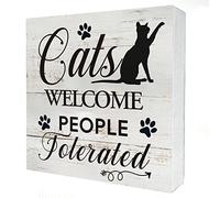 Funny Cats Welcome People Tolerated Wooden Box Sign Desk Decor Rustic Cat Wood Block Plaque Box Sign for Home Living Room Office Shelf Table Decoration (5 X 5 Inch)