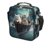 Funny Cats Wooden Boat Kids Lunch Bag for Boys Girls, Reusable Insulated Leakproof Lunch Box with Shoulder Strap, Toddler Cooler Tote for School Picnic Travel Beach Hiking Fishing