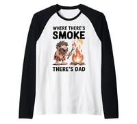 Funny Caveman Campfire Where There’s Smoke There’s Dad Raglan Baseball Tee
