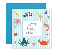 Funny Celebration Pun Card - “Let’s Shell-ebrate!” Sea Life & Cocktails - Party Card for Birthdays, Congratulations, Promotion -Colleagues, Friends, Him, Her, Women, Men, Family -Comes with Stickers