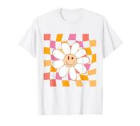 Funny Checkered Happy Smiling Smile Face Daisy Flower Girl T-Shirt