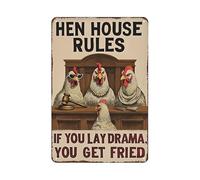 Funny Chicken Coop Kitchen Metal Sign Christmas Gifts Vintage Tin Sign, “Hen House Rules - If You Lay Drama You Get Fried” Farmhouse Wall Decor Gifts for Chicken Lovers, 8x12 Inches