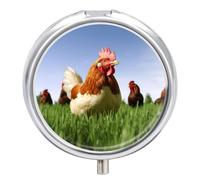 Funny Chicken Grass Pill Box Medicine Pill Organizer 3 Compartment Daily Pill Case Small Pill Container Round Pill Holder Travel Pill Box Metal Pill Case for Purse Pocket