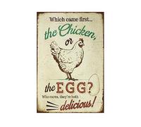 Funny Chicken Sign, Metal Chicken Coop Tin Signs, Which came first the chicken or the egg, Yard Sign Garage Farm Garden Wall Decor Sign Plaque Outdoor for Home Fence 8 X 12 Inches